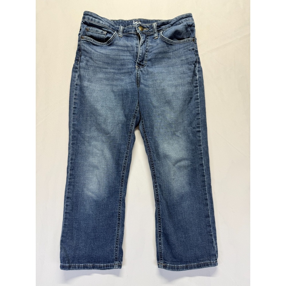 Lee Mid Rise Capri Jeans Women 8M Blue Whisker Denim Cotton Stretch Straight Leg
